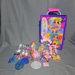 Hairdorables Lot 5 Dolls 1 Pet Accessories Purple Carrying Storage Case 4" Dolls